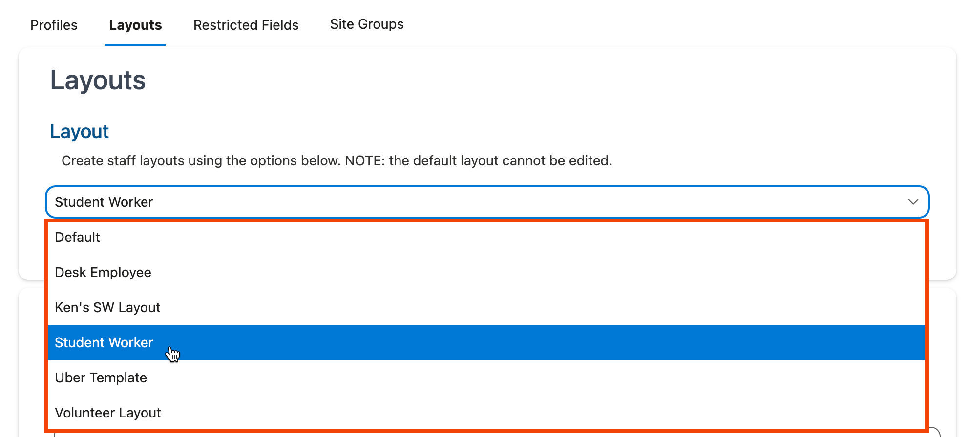 Select layout dropdown menu